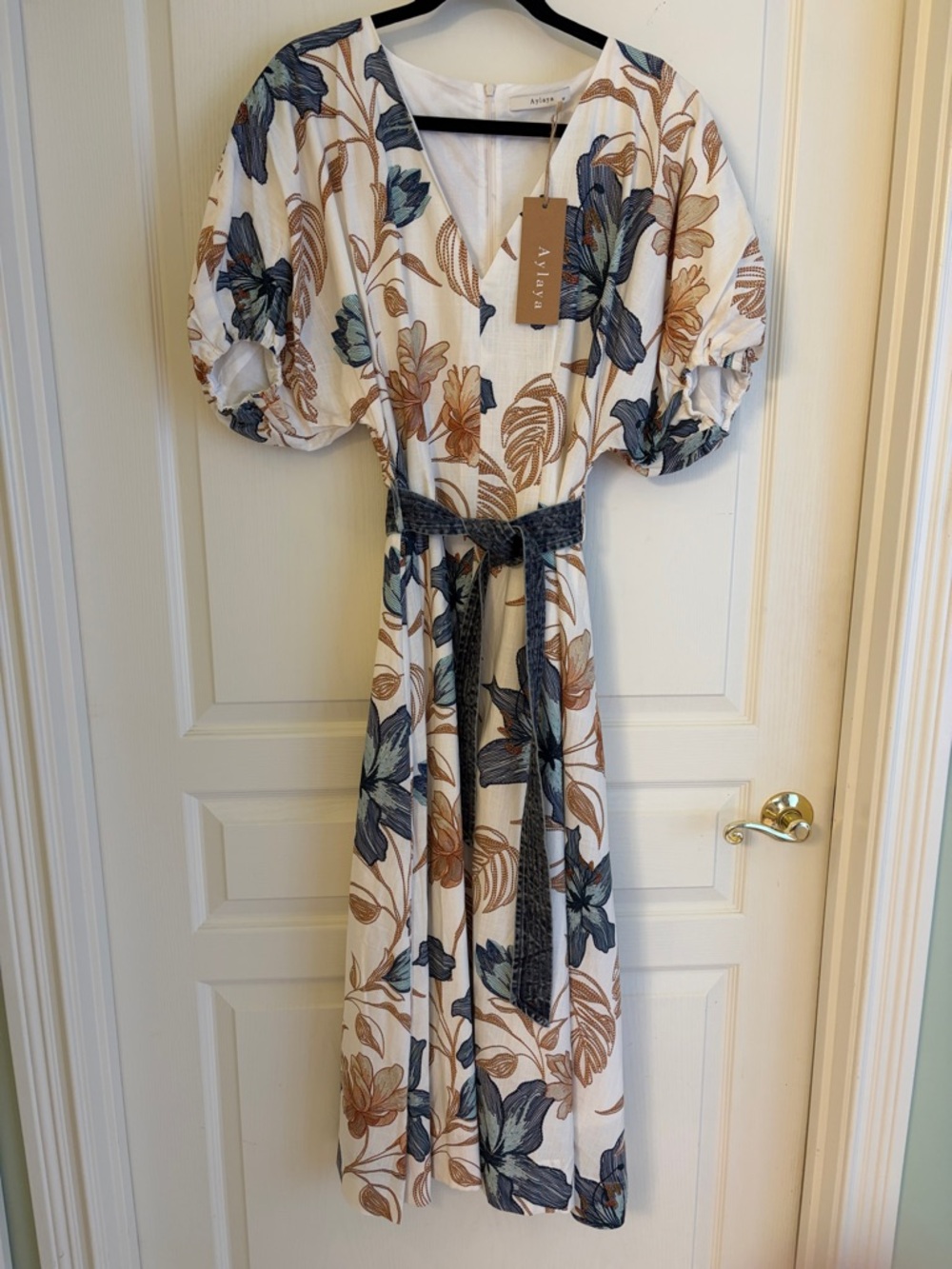 Aje Floral Maxi Dress in White with Blue & Tan Print